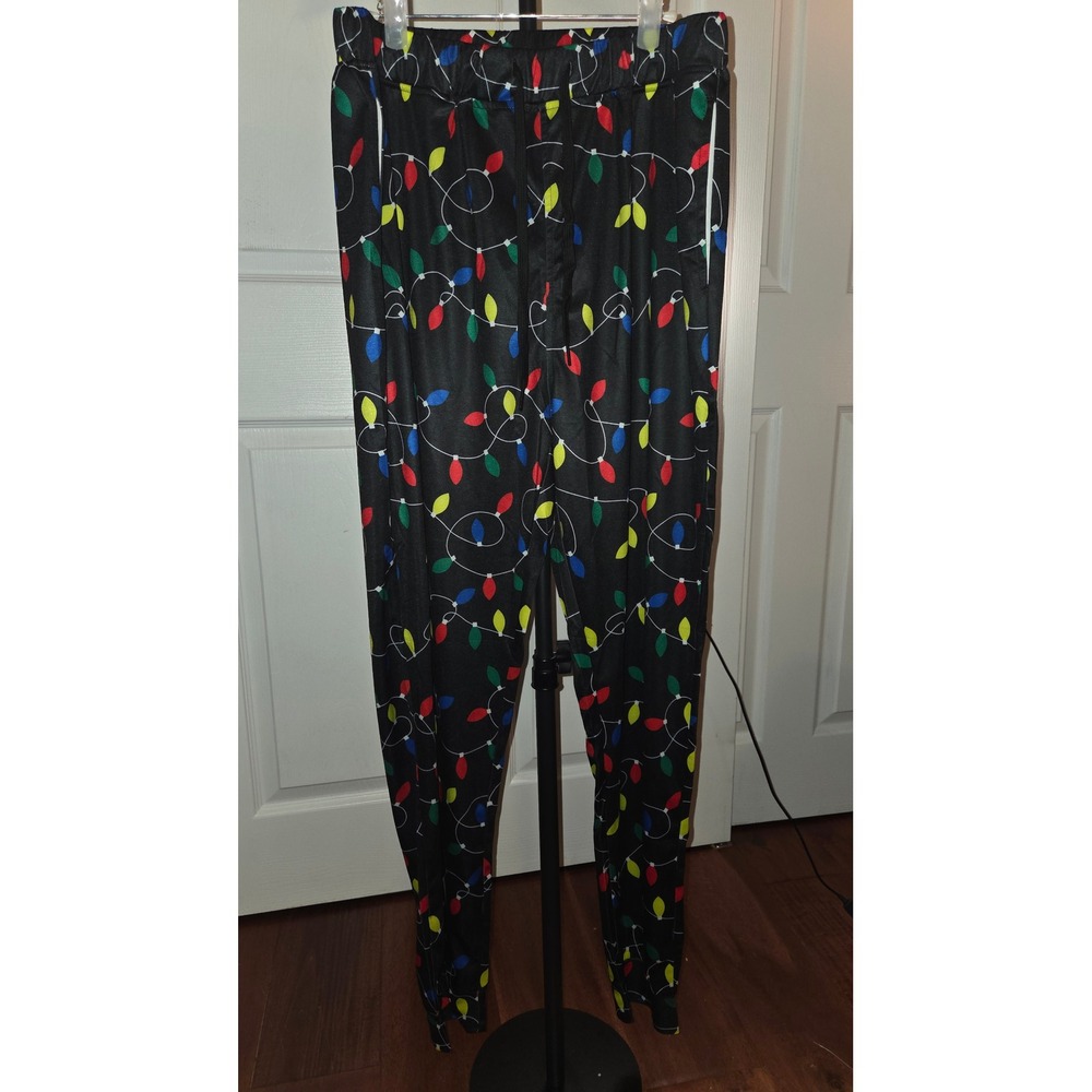 Mens Christmas Lights Print Jogger Pants Black Festive Holiday Sleepwear Large